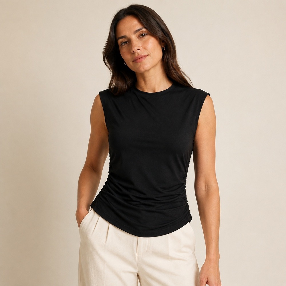 Rebecca Minkoff Womens Black Ruched Sleeveless Crew Neck Shell Top Size M
